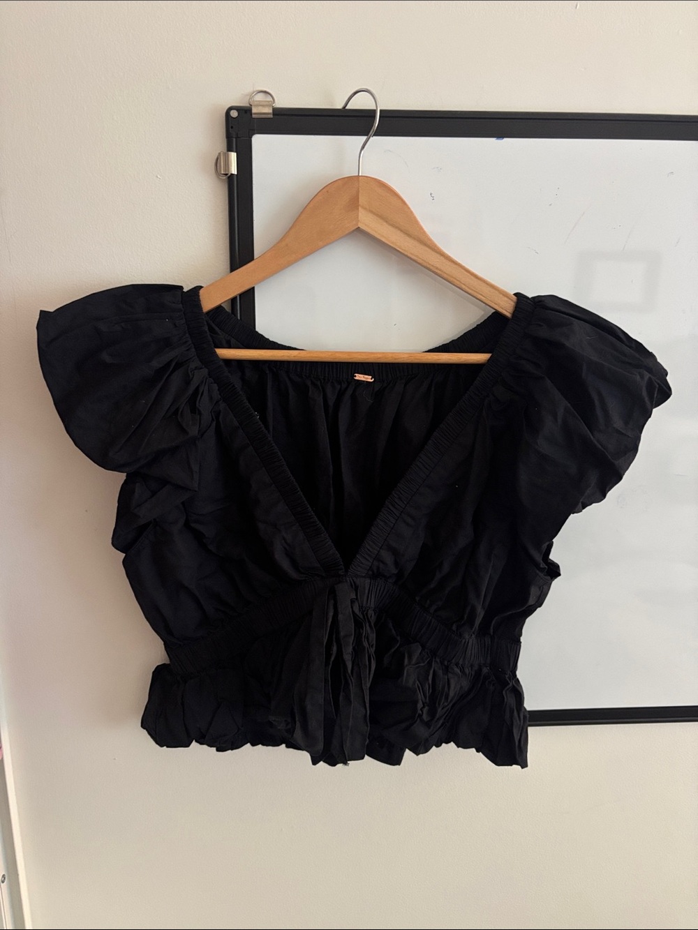 Free People Black Puff Sleeve Tie-Front Crop Top